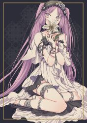 Rule 34 | 1girl, bare shoulders, black hairband, collarbone, commentary request, covered mouth, dress, euryale (fate), fate/grand order, fate (series), fingernails, flower, flower over mouth, frilled hairband, frills, grey eyes, hairband, head tilt, highres, holding, holding flower, jewelry, long hair, looking at viewer, maru (memoriatechnica), purple hair, sitting, solo, toenails, twintails, very long hair, white dress, white flower, yokozuwari