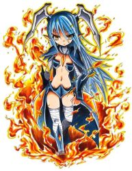 Rule 34 | 1girl, bandages, blue hair, breasts, brown eyes, cape, cleavage, fire, full body, kaijuu, kinkuri (axsc8mjrt), long hair, looking at viewer, navel, personification, pointy ears, simple background, small breasts, solo, standing, stomach, thighhighs, ultra kaijuu gijinka keikaku, ultra series, very long hair, white background, white thighhighs, zetton