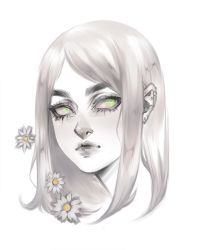 Rule 34 | 1girl, ashiori-chan, commentary, ear piercing, earrings, expressionless, flower, green eyes, grey lips, jewelry, lips, long hair, looking at viewer, original, parted bangs, piercing, portrait, sidelocks, silver hair, simple background, solo, thick eyebrows, white background, white flower