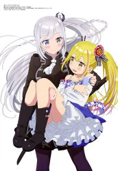 Rule 34 | 2girls, absurdres, black footwear, black pants, black shirt, blonde hair, blue eyes, blush, boots, braid, breasts, carrying, closed mouth, dress, grey hair, hair between eyes, hair ornament, henjin no salad bowl, heterochromia, highres, large breasts, livia de udis, long hair, looking at another, magazine scan, megami magazine, multicolored hair, multiple girls, official art, open mouth, pants, pink hair, princess carry, sara da odin, scabbard, scan, sheath, sheathed, shirt, simple background, smile, standing, streaked hair, wavy mouth, white background, white dress, yellow eyes