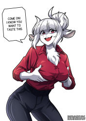 Rule 34 | 1girl, absurdres, alternate form, animal ears, artist name, bangs, black pants, blunt bangs, blush, breast grab, breasts, collared shirt, commentary, cowboy shot, demon horns, dress shirt, english text, eyebrows visible through hair, female focus, fingernails, furry, gloves, goat ears, goat girl, goat horns, grabbing, harashu (harashu96), helltaker, highres, horns, large breasts, long fingernails, long hair, long sleeves, looking at viewer, lucifer (helltaker), open mouth, pants, red eyes, red shirt, self fondle, shiny, shiny clothes, shiny hair, shiny skin, shirt, shirt tucked in, short hair, simple background, slit pupils, smile, solo, speech bubble, upper teeth, white background, white horns