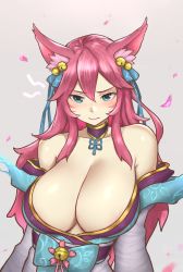 Rule 34 | 1girl, absurdres, ahri (league of legends), animal ear fluff, animal ears, bare shoulders, bell, breasts, cleavage, collarbone, facial mark, fox ears, fox tail, grey background, hair bell, hair between eyes, hair ornament, hair ribbon, highres, japanese clothes, kimono, large breasts, league of legends, long hair, looking at viewer, petals, pink hair, ribbon, solo, spirit blossom (league of legends), spirit blossom ahri, tail, vastaya, wei miao, whisker markings