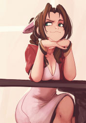 Rule 34 | 1girl, absurdres, aerith gainsborough, bow, braid, breasts, brown hair, cleavage, commentary, dress, final fantasy, final fantasy vii, green eyes, hair bow, head rest, highres, crossed legs, long hair, looking to the side, pink background, pink bow, pink dress, raichiyo33, raised eyebrow, sitting, smile, smirk, solo, table