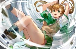 Rule 34 | 1girl, boots, bow, brown footwear, brown hair, green bow, green eyes, green skirt, highres, holding, holding sword, holding weapon, large bow, nanase (under night in-birth), open mouth, qitoli, rock, school uniform, skirt, solo, sword, thighs, twintails, under night in-birth, under night in-birth exe:late[st], weapon, wind