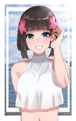 Rule 34 | 1girl, absurdres, adjusting hair, alternate hair length, alternate hairstyle, arm at side, bare shoulders, blunt bangs, blush, border, cloud, collarbone, commentary request, crop top, crop top overhang, flower, hair flower, hair ornament, halterneck, hand in own hair, hand up, highres, igarashi kyouhei, kurosawa dia, looking at viewer, love live!, love live! school idol project, love live! sunshine!!, mole, mole under mouth, navel, ocean, red flower, short hair, smile, solo, upper body, white border
