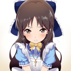 Rule 34 | 1girl, angry, apron, blue ribbon, blush, bow, bowtie, brown eyes, brown hair, frilled ribbon, frilled sleeves, frills, gameplay mechanics, gradient background, hair ribbon, idolmaster, idolmaster cinderella girls, idolmaster cinderella girls starlight stage, jewelry, key, light blue dress, long hair, looking at viewer, necklace, pon (syugaminp), ribbon, ribbon trim, signature, simple background, solo, tachibana arisu, tearing up, tears, textless version