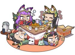 Rule 34 | 4girls, :3, ^^^, animal ears, animal hands, bastet (p&amp;d), black hair, blush, bowl, cat ears, cat paws, cat tail, cellphone, chibi, circlet, closed eyes, commentary request, cup, dark-skinned female, dark skin, earrings, eating, egyptian, facial mark, food, fruit, green eyes, ice cream, ice cream cone, jewelry, kotatsu, licking, long hair, lying, mandarin orange, medjedra, multiple girls, on back, on stomach, open mouth, orange (fruit), phone, purple hair, puzzle &amp; dragons, red eyes, simple background, smile, stylus, table, tail, teapot, tokkyuu mikan, tongue, tongue out, under kotatsu, under table, white background