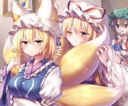 Rule 34 | 3girls, ;), animal ears, animal hat, artist name, bad id, bad pixiv id, blonde hair, blush, bow, bowtie, breasts, brown eyes, brown hair, cat ears, chen, commentary request, dress, fox tail, frilled shirt collar, frills, green headwear, hair between eyes, hat, hat ribbon, highres, holding, indoors, jitome, juliet sleeves, large breasts, long sleeves, looking at another, looking at viewer, mob cap, multiple girls, multiple tails, one eye closed, picture frame, pudding (skymint 028), puffy sleeves, purple eyes, red ribbon, red vest, ribbon, short hair, signature, smile, sweatdrop, tabard, tail, touhou, upper body, vest, white bow, white dress, white headwear, white neckwear, wide sleeves, yakumo ran, yakumo yukari, yellow eyes