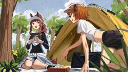 Rule 34 | 2girls, alternate costume, alternate hairstyle, angelina (arknights), animal ears, arknights, brown hair, burger, camping, cow girl, cow horns, cow tail, croissant (arknights), eating, food, forest, fox ears, fox girl, hat, highres, horns, multiple girls, nature, bento, orange hair, tail, tent, zhili xingzou
