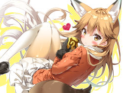 Rule 34 | 10s, 1girl, animal ears, black gloves, blonde hair, blush, extra ears, ezo red fox (kemono friends), food, fox ears, fox tail, gloves, gradient hair, hair between eyes, heart, holding, holding food, jacket, japari bun, japari symbol, kemono friends, long hair, long sleeves, looking at viewer, looking back, miniskirt, multicolored hair, orange jacket, pantyhose, riichu, skirt, solo, tail, two-tone hair, very long hair, white hair, white skirt, yellow eyes