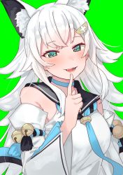 Rule 34 | 1girl, absurdres, animal ears, aqua eyes, bare shoulders, bell, blue neckerchief, blush, breasts, choker, fangs, fox ears, green background, highres, hololive, index finger raised, looking at viewer, medium breasts, neckerchief, ookami mio, open mouth, simple background, smile, solo, sparkling eyes, teeth, tonarikeru, upper body, virtual youtuber, white hair