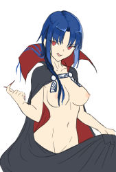 Rule 34 | 1girl, blue hair, breasts, cape, come hither, elesia, fingernails, groin, highres, large breasts, licking lips, long fingernails, long hair, long toenails, looking at viewer, nail polish, naked cape, naughty face, navel, nipples, oceanbellereine, red eyes, red nails, sketch, smile, solo, toenails, tongue, tongue out, tsukihime, vampire, white background