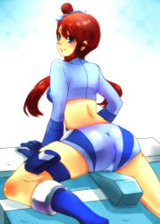 Rule 34 | 10s, 1girl, ass, bent over, blue eyes, blush, breasts, cameltoe, creatures (company), female focus, game freak, gloves, gradient background, gym leader, large breasts, looking back, nintendo, pokemon, pokemon bw, red hair, short hair, shorts, side ponytail, sitting, skyla (pokemon), smile, solo, white background