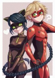 Rule 34 | 1boy, 1girl, adrien agreste, animal ears, black bodysuit, black mask, blonde hair, blue hair, bodysuit, breasts, cat ears, chat noir, chat noir (cosplay), closed mouth, cosplay, costume switch, domino mask, green eyes, highres, hm89509321, ladybug (character), ladybug (character) (cosplay), long hair, marinette dupain-cheng, mask, miraculous ladybug, polka dot, short hair, small breasts, smile, twintails, very long hair