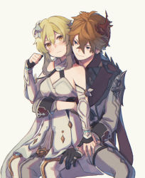 Rule 34 | 1boy, 1girl, bad id, bad pixiv id, bare shoulders, black gloves, blonde hair, blush, breasts, cleavage, closed mouth, couple, detached sleeves, dress, ear piercing, earrings, flower, genshin impact, gloves, grey eyes, hair between eyes, hair flower, hair ornament, hetero, hug, hug from behind, jacket, jewelry, kino (m6t2a), long sleeves, looking at another, lumine (genshin impact), medium hair, orange hair, piercing, short hair, sidelocks, simple background, sitting, sitting on lap, sitting on person, smile, tartaglia (genshin impact), white background, white dress, yellow eyes