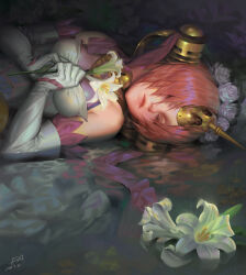Rule 34 | 1girl, alphonse (white datura), breasts, cleavage, closed eyes, dated, elbow gloves, fate/apocrypha, fate (series), flower, frankenstein&#039;s monster (fate), gloves, hair flower, hair ornament, highres, holding, holding flower, horns, lily (flower), lily pad, lips, lying, mechanical horns, on back, photoshop (medium), pink hair, reflection, revision, rose, see-through, see-through cleavage, signature, single horn, solo, upper body, water