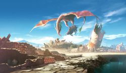 Rule 34 | cloud, cow, day, dragon, fantasy, flying, nest, no humans, original, rubble, ruins, scenery, sky, technoheart, water