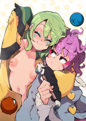 Rule 34 | 2girls, blush, breasts, calligraphy brush, carte, closed eyes, ears, frilled sleeves, frills, green eyes, highres, holding, holding brush, komeiji koishi, komeiji satori, large areolae, long sleeves, looking at another, looking to the side, mole, mole on breast, multiple girls, navel, nipples, no bra, nose, open mouth, paintbrush, pink hair, purple eyes, siblings, sisters, small breasts, smile, sweatdrop, touhou