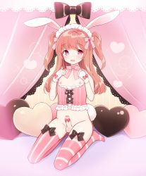 Rule 34 | +++ (artist), 1boy, animal ears, bottomless, bow, breastless clothes, brown hair, bustier, censored, crossdressing, erection, fingerless gloves, gloves, hair bow, hairband, highres, lolita hairband, long hair, male focus, nipples, original, penis, penis ribbon, pink eyes, rabbit ears, rabbit tail, ribbon, seiza, sitting, solo, striped clothes, striped thighhighs, tail, testicles, thighhighs, trap, two side up, vertical-striped clothes, vertical-striped thighhighs