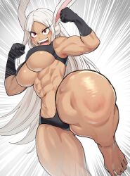 Rule 34 | 1girl, :d, abs, absurdres, animal ears, bare shoulders, barefoot, black gloves, black shorts, black sports bra, boku no hero academia, breasts, clenched hands, dark-skinned female, dark skin, feet, flexing, gloves, gluteal fold, hands up, harurukan, hashtag-only commentary, highres, knee up, large breasts, long eyelashes, long hair, looking at viewer, micro shorts, mirko, motion lines, muscular, muscular female, navel, open mouth, parted bangs, rabbit ears, rabbit girl, red eyes, shorts, smile, solo, sports bra, stomach, teeth, thick thighs, thighs, toes, underboob, upper teeth only, very long hair, white hair