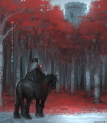 Rule 34 | 1boy, 1girl, autumn leaves, blonde hair, blue eyes, braid, castle, cloak, coat, forest, fur-trimmed coat, fur trim, highres, horse, horseback riding, looking at viewer, looking back, multiple riders, nature, nishiki areku, original, red cloak, red hood, riding, signature, snow, translation request, twin braids