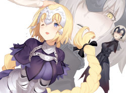 Rule 34 | 2girls, ;d, armor, armored dress, black dress, black gloves, blonde hair, blue eyes, braid, breasts, capelet, chain, commentary request, dress, dual persona, fate/apocrypha, fate/grand order, fate (series), faulds, flying sweatdrops, gauntlets, gloves, hand on another&#039;s head, headpat, headpiece, jealous, jeanne d&#039;arc (fate), jeanne d&#039;arc (ruler) (fate), jeanne d&#039;arc alter (avenger) (fate), jeanne d&#039;arc alter (fate), km yama, long braid, long hair, multiple girls, one eye closed, open mouth, plackart, shaded face, silver hair, single braid, smile, yellow eyes