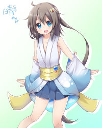Rule 34 | 1girl, :d, ahoge, amano kouki, bare shoulders, blue eyes, blue kimono, blue skirt, blush, borrowed character, brown hair, cat hair ornament, character request, collarbone, detached sleeves, fang, fingernails, hair between eyes, hair ornament, highres, japanese clothes, kimono, long hair, long sleeves, looking at viewer, nail polish, obi, open mouth, original, pink nails, pleated skirt, print kimono, ribbon-trimmed sleeves, ribbon trim, sash, skirt, smile, solo, translation request, very long hair, wide sleeves