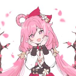 Rule 34 | 1girl, 5rwpvc, bell, bow, choker, elysia (honkai impact), hair bell, hair bow, hair ornament, highres, honkai (series), honkai impact 3rd, long hair, long sleeves, looking at viewer, low twintails, open mouth, pink bow, pink choker, pink eyes, pink hair, pointy ears, puffy long sleeves, puffy sleeves, shirt, sidelocks, simple background, single hair ring, smile, solo, twintails, very long hair, white background, white shirt