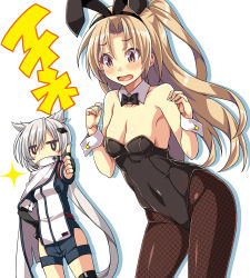 Rule 34 | 2girls, absurdres, animal ears, armpits, azur lane, bare shoulders, black leotard, blonde hair, blush, bow, bowtie, breasts, brown eyes, cape, cleveland (azur lane), collarbone, detached collar, embarrassed, fake animal ears, fingerless gloves, fishnet legwear, fishnets, gloves, grey hair, hand on own hip, highleg, highleg leotard, highres, leotard, long hair, macaroni hourensou, montpelier (azur lane), multiple girls, pantyhose, playboy bunny, rabbit ears, shorts, simple background, small breasts, thumbs up, very long hair, white background, wrist cuffs