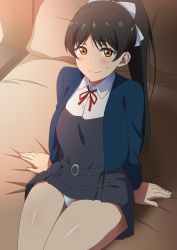 Rule 34 | 1girl, arm support, arms behind back, bed, belt, black hair, blue jacket, blush, bow, buttons, closed mouth, clothes lift, collared shirt, commentary request, cowboy shot, dress, dress lift, grey belt, grey dress, hair bow, hara (harayutaka), hazuki ren, high ponytail, highres, indoors, jacket, lamp, long hair, long sleeves, looking at viewer, love live!, love live! superstar!!, neck ribbon, on bed, open clothes, open jacket, panties, pillow, pleated dress, ponytail, red ribbon, ribbon, school uniform, shirt, sitting, smile, solo, sweatdrop, underwear, white bow, white panties, white shirt, yellow eyes, yuigaoka school uniform