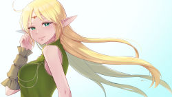 Rule 34 | 1girl, blonde hair, circlet, closed mouth, deedlit, elf, floating hair, from side, gradient background, green eyes, green shirt, highres, junjonta, long hair, looking at viewer, pointy ears, record of lodoss war, shirt, sleeveless, sleeveless shirt, smile, solo, straight hair, upper body, very long hair, white background