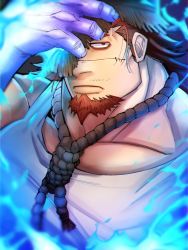 Rule 34 | 1boy, bags under eyes, bara, boogeyman (housamo), brown hair, colored skin, expressionless, facial hair, goatee, highres, long sideburns, male focus, muscular, muscular male, noose, pon20021202, purple skin, red eyes, scar, scar on face, sideburns, solo, tank top, tokyo houkago summoners