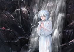 Rule 34 | 1girl, alternate costume, bad id, bad twitter id, closed eyes, feet out of frame, hat, unworn hat, unworn headwear, ichiba youichi, inubashiri momiji, japanese clothes, kimono, long sleeves, own hands together, palms together, rock, see-through, short hair, silver hair, solo, standing, tokin hat, touhou, water, waterfall, wet, wet clothes, wet kimono, white kimono, wide sleeves