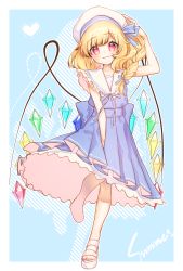 Rule 34 | 1girl, alternate costume, blonde hair, blue background, blue dress, braid, commentary request, crystal, dress, flandre scarlet, full body, hat, highres, long hair, looking at viewer, mokokiyo (asaddr), red eyes, sailor collar, side braid, smile, solo, standing, standing on one leg, touhou, wings