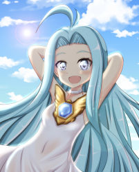 Rule 34 | 10s, 1girl, ahoge, armpits, arms behind head, arms up, blue eyes, blue sky, blush, choker, cloud, commentary request, day, dress, granblue fantasy, highres, long hair, looking at viewer, lyria (granblue fantasy), open mouth, outdoors, grey eyes, sky, smile, solo, tamayan, upper body, very long hair, white dress