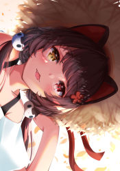 Rule 34 | 1girl, absurdres, animal ears, blush, brown hair, brown hat, dog ears, dog girl, dog hair ornament, fangs, hair ornament, hand up, hat, highres, inui toko, low twintails, nagori0127, nijisanji, open mouth, red eyes, shirt, short sleeves, sideways, solo, straw hat, twintails, virtual youtuber, white shirt, yellow eyes