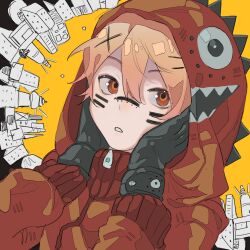 Rule 34 | 1boy, black gloves, blonde hair, facepaint, gloves, highres, hood, hood up, hoodie, looking to the side, matryoshka (vocaloid), mizu nanaki, parted lips, project sekai, red eyes, red hoodie, simple background, solo, tenma tsukasa, upper body, yellow background