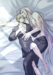 Rule 34 | 2boys, absurdres, aiz00, bare pectorals, barefoot, bed, black pajamas, black pants, black shirt, blonde hair, chin rest, closed eyes, cloud strife, collarbone, commentary request, cuddling, evening, final fantasy, final fantasy vii, grey hair, hand on another&#039;s chest, hand on own chest, head on head, head rest, highres, leg between thighs, long hair, lying, male focus, multiple boys, no pants, on back, on side, open clothes, open shirt, pajamas, pants, parted bangs, parted lips, pectorals, sephiroth, shirt, short hair, sleeping, spiked hair, toned, toned male, topless male, twitter username, very long hair, window shadow, yaoi