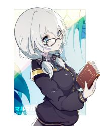 Rule 34 | 1girl, ars almal, black-framed eyewear, black bow, black jacket, black ribbon, blue eyes, book, bow, breasts, captain yue, collared shirt, glasses, grey hair, hair between eyes, hair bow, hair over shoulder, highres, holding, holding book, jacket, long sleeves, looking at viewer, low twintails, medium breasts, neck ribbon, nijisanji, parted lips, puffy long sleeves, puffy sleeves, ribbon, shirt, solo, striped, striped bow, twintails, twitter username, virtual youtuber, white background, white shirt
