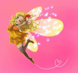 Rule 34 | 1girl, black thighhighs, blonde hair, bracelet, breasts, choker, cleavage, dragon quest, dragon quest ix, fairy, female focus, flower, gradient background, hair flower, hair ornament, jewelry, level-5, sandy (dq9), solo, thighhighs, wings, yellow eyes, zettai ryouiki
