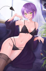 Rule 34 | 1girl, absurdres, alternate hair length, alternate hairstyle, bare shoulders, black bra, black nails, black panties, black thighhighs, blue coat, blush, bra, breasts, coat, collarbone, commentary, couch, curtains, demon girl, demon tail, ear piercing, earrings, fingernails, green eyes, hair ornament, hairclip, highres, hololive, jewelry, leg tattoo, light rays, multi-strapped panties, nail polish, navel, navel piercing, off shoulder, on couch, open clothes, open coat, panties, piercing, plant, pointy ears, purple hair, shinigami kiraki, short hair, small breasts, solo, stomach, symbol-only commentary, tail, tail ornament, tail piercing, tattoo, thighhighs, tokoyami towa, tongue, tongue out, underwear, virtual youtuber, x hair ornament