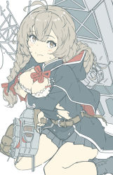 Rule 34 | 1girl, ahoge, arm under breasts, black footwear, black legwear, blush, boots, bra, braid, breasts, brown eyes, brown hair, capelet, cleavage, closed mouth, hair ribbon, highres, holding, hood, hood up, hooded capelet, kantai collection, long hair, looking at viewer, medium breasts, ninimo nimo, pleated skirt, ribbon, rigging, shinshuu maru (kancolle), simple background, skirt, solo, sweat, torn clothes, twin braids, underwear, white background, white bra
