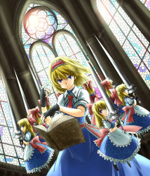 Rule 34 | 1girl, alice margatroid, apron, arms up, black gloves, blonde hair, blue dress, blue eyes, book, bow, capelet, clearfile, clone, dress, female focus, fingerless gloves, floating, gears, gloves, grimoire, grimoire of alice, hair bow, hairband, jewelry, lance, long hair, looking at viewer, polearm, ring, sash, shanghai doll, short hair, solo, stained glass, touhou, weapon