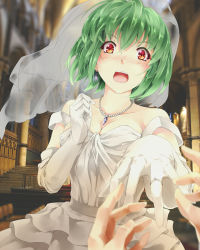 Rule 34 | 1girl, asutora, bare shoulders, blush, breasts, bridal veil, bride, church, cleavage, commentary request, dress, earrings, elbow gloves, gloves, green hair, jewelry, kazami yuuka, looking at viewer, medium breasts, necklace, open mouth, pov, pov hands, red eyes, ring, touhou, veil, wedding dress, white dress, white gloves
