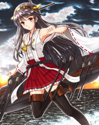 Rule 34 | 10s, 1girl, arm up, armpits, bad id, bad pixiv id, bare shoulders, blush, boots, brown eyes, cloud, cloudy sky, detached sleeves, dutch angle, frilled skirt, frills, grey hair, hairband, haruna (kancolle), headgear, japanese clothes, kantai collection, lace, lace-trimmed legwear, lace trim, leg up, long hair, looking at viewer, machinery, nontraditional miko, ocean, pleated skirt, red skirt, ribbon-trimmed sleeves, ribbon trim, skirt, sky, standing, standing on one leg, telaform, thigh boots, thighhighs