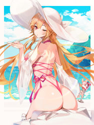 Rule 34 | 1girl, absurdres, ass, azur lane, backless swimsuit, bare shoulders, blonde hair, breasts, cloud, day, duplicate, from behind, hand up, hat, highres, holding, large breasts, long hair, looking at viewer, looking back, munseonghwa, ocean, off shoulder, one-piece swimsuit, one eye closed, outdoors, parfait, pink one-piece swimsuit, red eyes, richelieu (azur lane), richelieu (fleuron of the waves) (azur lane), solo, sun hat, swimsuit, very long hair, white hat