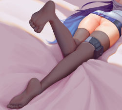 Rule 34 | 1girl, aaakira (sk bogi), absurdres, ass, bed sheet, black thighhighs, blue hair, dress, feet, foot up, from behind, highres, legs, long hair, lower body, lying, microdress, on stomach, original, see-through, solo, thigh strap, thighhighs, very long hair