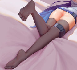 1girl aaakira_(sk_bogi) absurdres ass bed_sheet black_thighhighs blue_hair dress feet foot_up from_behind highres legs long_hair lower_body lying microdress on_stomach original see-through_clothes solo thigh_strap thighhighs very_long_hair