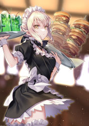 Rule 34 | 1girl, artoria pendragon (all), artoria pendragon (fate), black dress, blonde hair, blurry, blurry background, braid, breasts, burger, closed mouth, cup, dress, fate/stay night, fate (series), food, french braid, hair between eyes, long hair, looking at viewer, maid headdress, medium breasts, mug, ne-on, official alternate costume, pale skin, puffy short sleeves, puffy sleeves, saber alter, short sleeves, solo, thighs, tray, wrist cuffs, yellow eyes