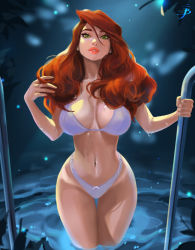 Rule 34 | 1girl, bikini, bra, breasts, cleavage, curvy, dripping, fantasy, green eyes, highres, in water, large breasts, legs together, looking at viewer, marvel, mary jane watson, navel, panties, playing with own hair, red hair, red lips, solo, spider-man, spider-man (series), swimsuit, tan, tanline, tatti art, thick lips, thick thighs, thigh gap, thighs, toon (style), underwear, wading, wet